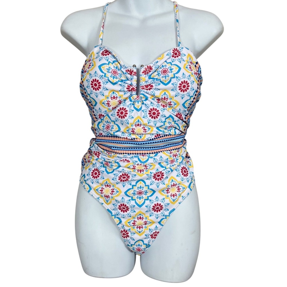 Cupshe Abstract Geometric Floral Metal V With Ball One piece‎ Swimsuit Size XL
